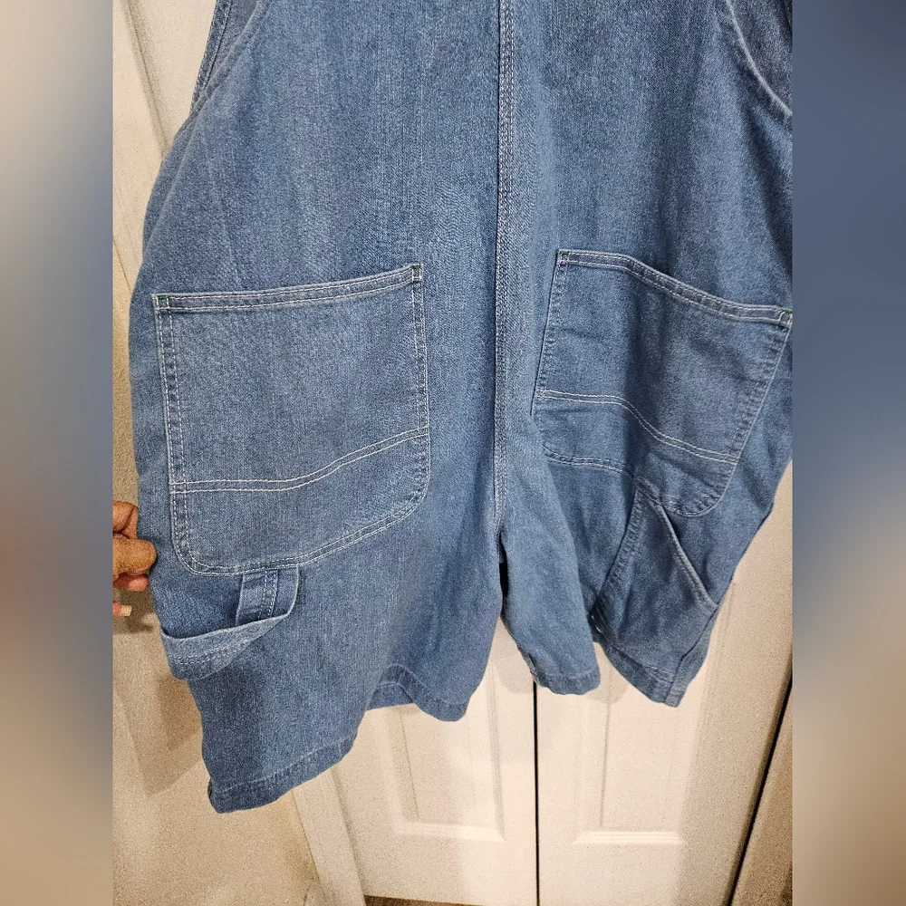 VINTAGE Liberty Blue Denim Short Y2K Overalls with Green Trim XL. - Picture 9 of 12